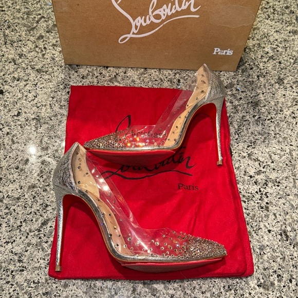 Christian Louboutin Degrastrass PVC 100/Specchio Rhinestone Clear/Silver Heels - Picture 6 of 14